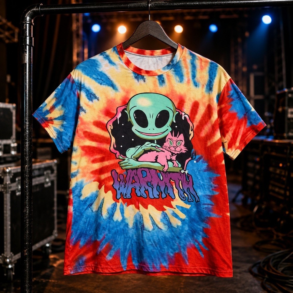 Trippy Alien Cat Tie Dye Graphic T Shirt Psychedelic Large Tee